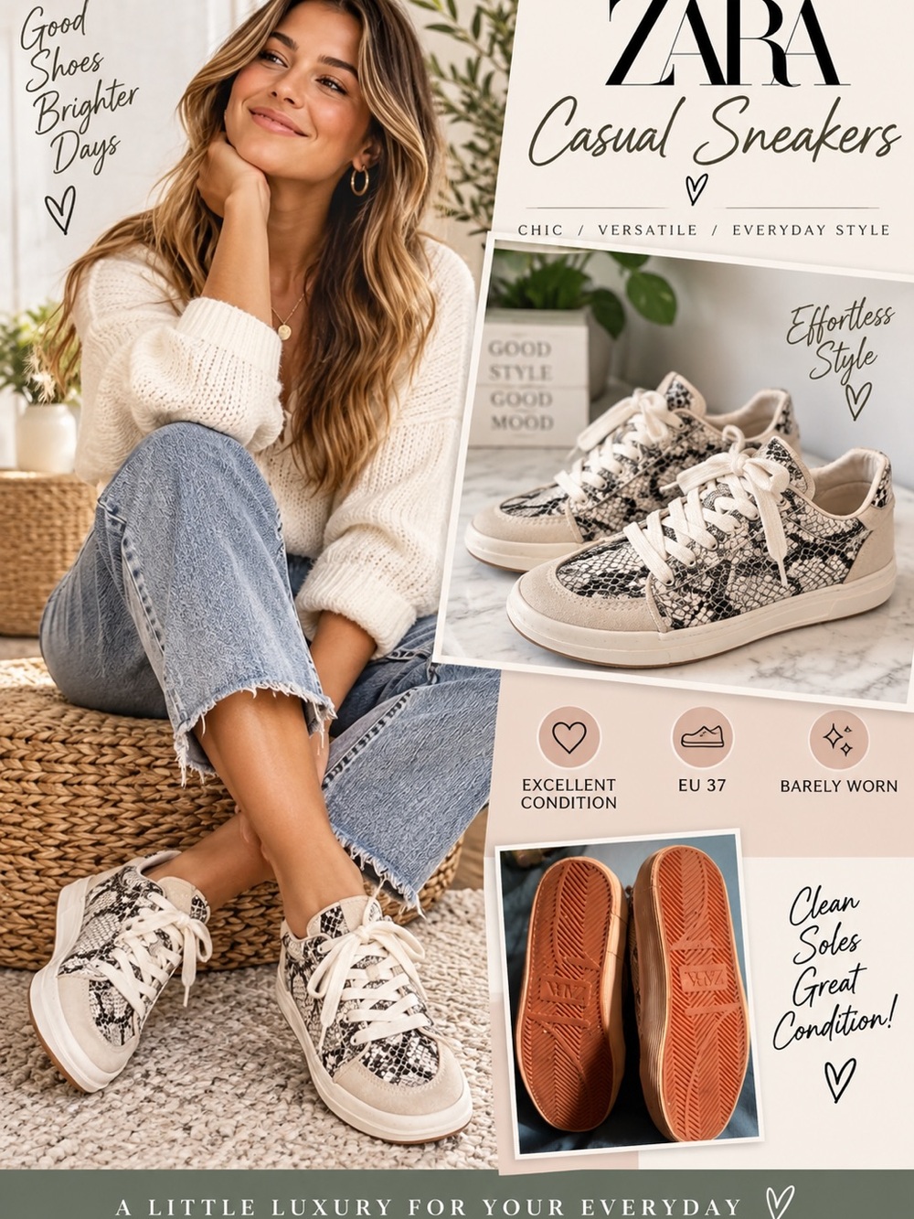 Zara Snake-Print Casual Sneakers in Beige and Black